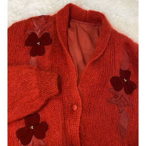 Vintage 80s Oversized Women's Red Mohair‎ Velvet Leather Sweater Coat Sz L/XL